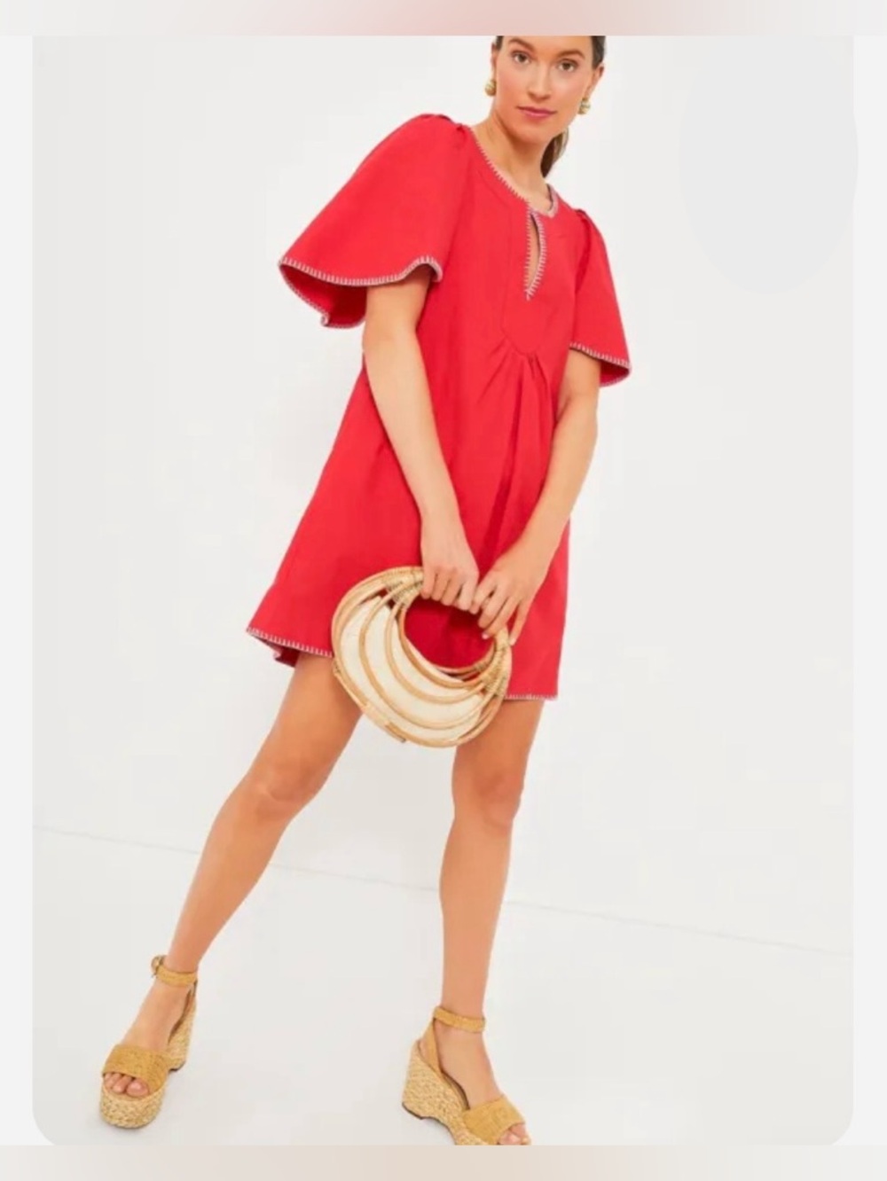 MAGASCHONI 100% Linen Tunic Dress XS Coral Embroidered Boho Quiet Luxury NWOT